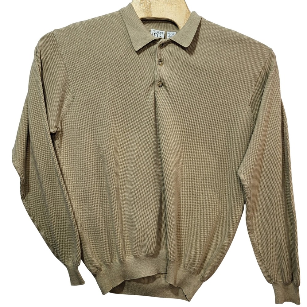 Field Gear Mens XL Tan Cotton Textured Knit Long Sleeve Polo Shirt Sweater Khaki